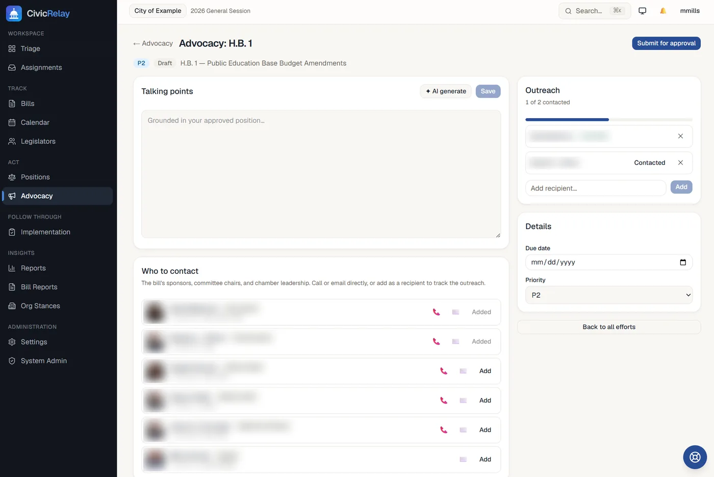 The advocacy workspace, with talking points and a tracked list of people to contact