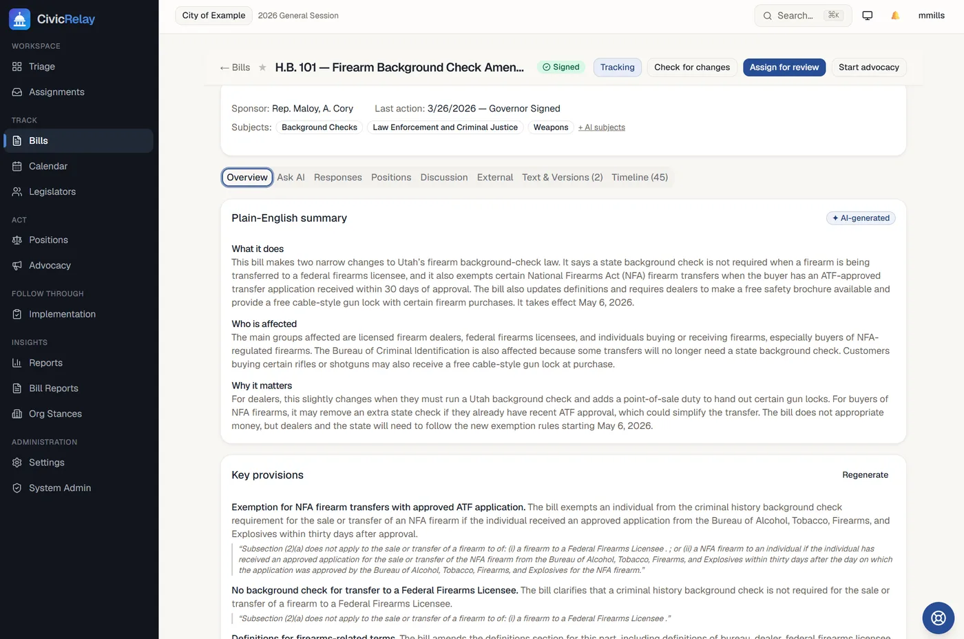 A plain-English AI summary of a bill, with citations back to the bill text